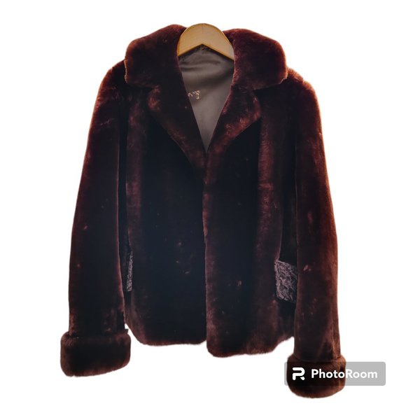 Nelson Royal Star Mouton Lamb Coat Vintage 1950s Womens Brown Faux Pockets Lined
